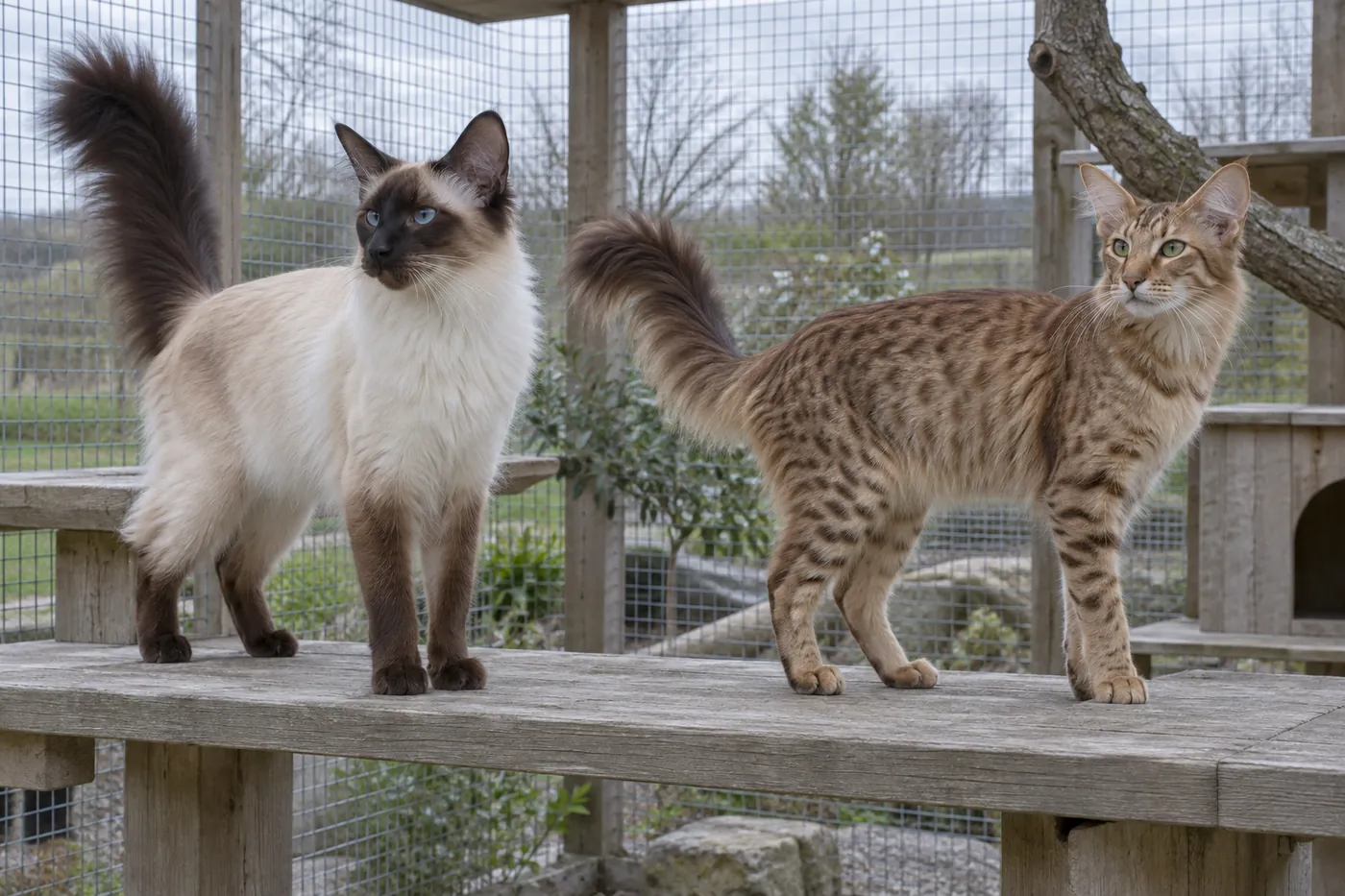 Two slender long-coated cats on a bench, a cream seal-point with blue eyes and a cinnamon spotted tabby with green eyes