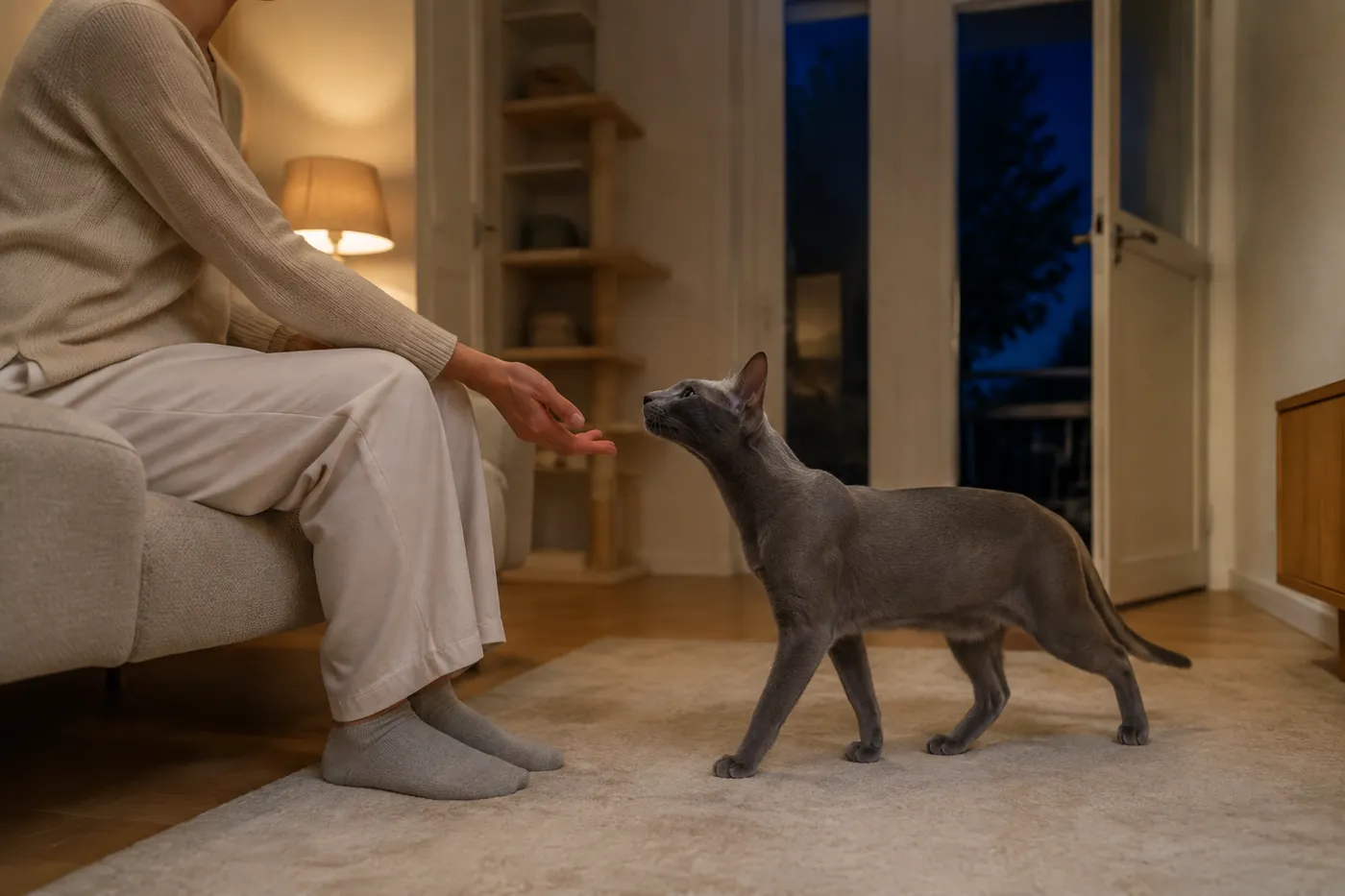 Oriental Shorthair greeting a seated person near an open doorway while retaining access to a high retreat