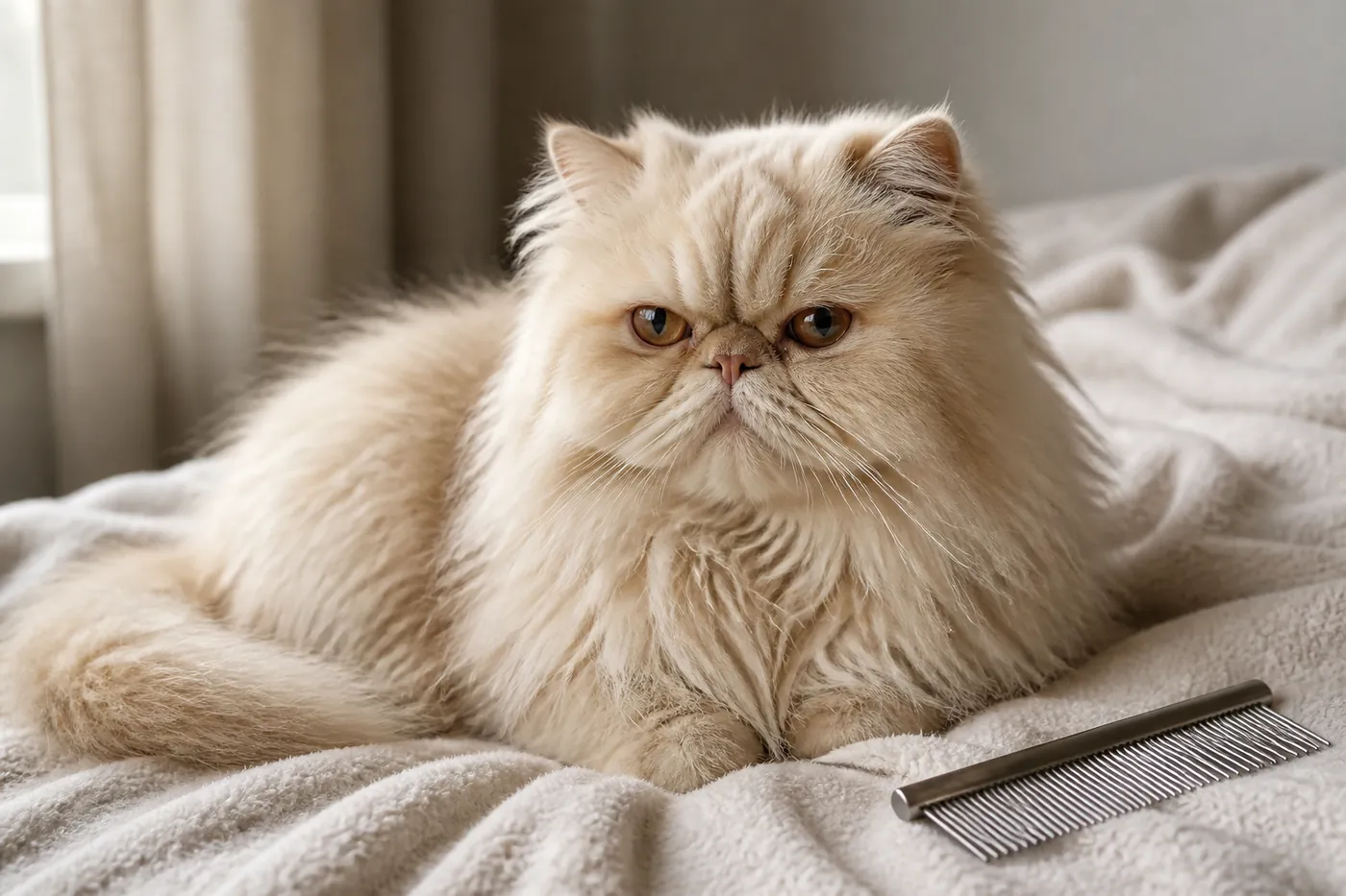 A Persian cat sitting beside a wide-toothed comb resting on a blanket
