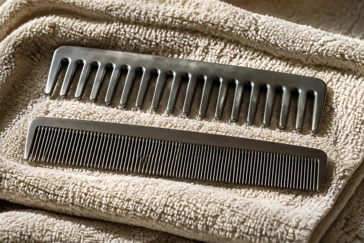 A wide toothed comb and a fine comb laid on a folded towel
