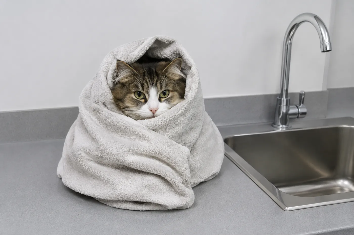 A long haired cat being towelled after a bath