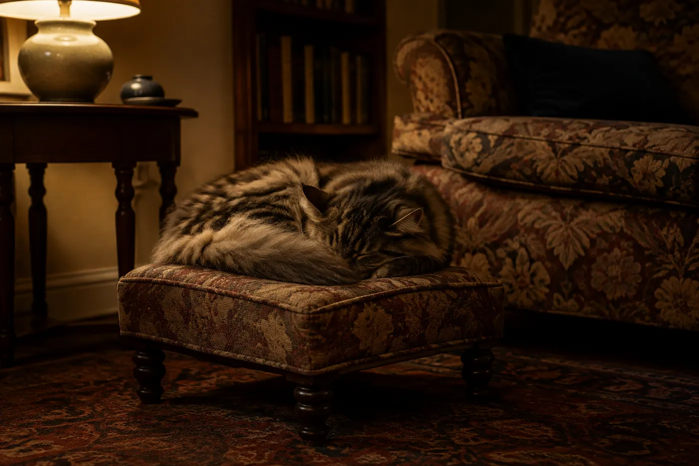 A long haired cat asleep on a low footstool