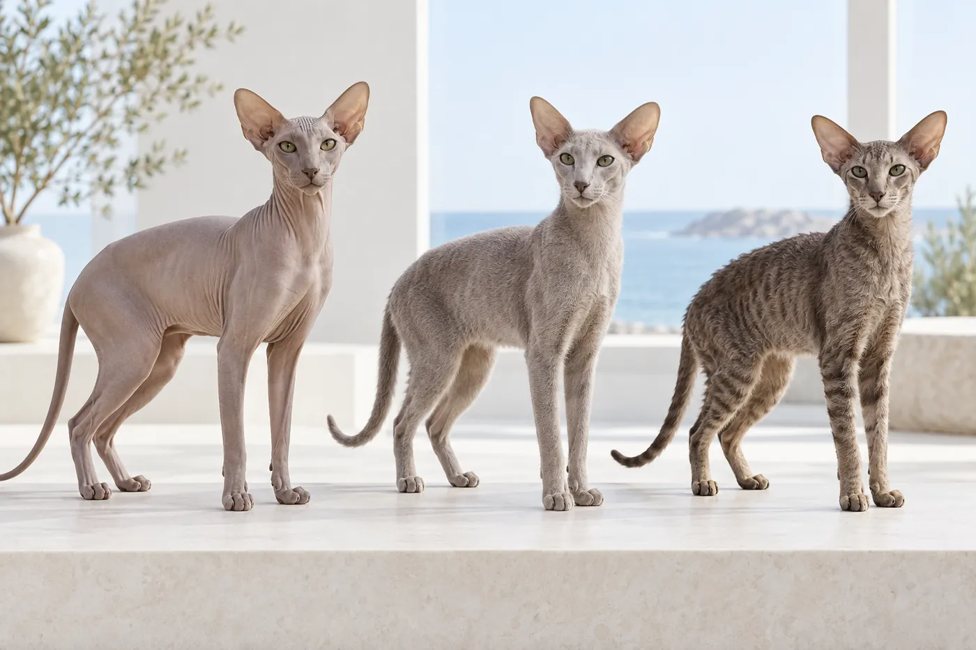 Three slim large-eared cats in a row: one completely bald, one with fine fuzz, one with short wiry wavy hair