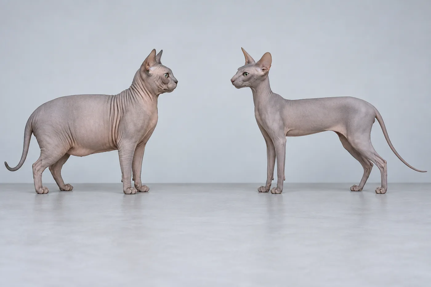 Two hairless cats in side profile, the left stocky and barrel-chested, the right long, slim-legged and fine-boned with large ears