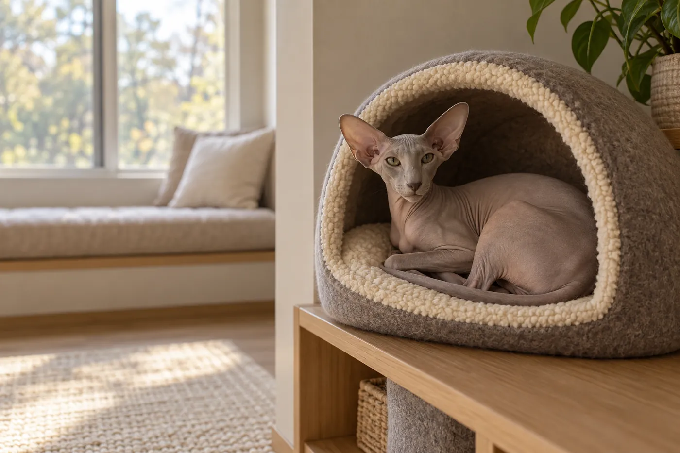 A bald slim cat curled in a covered fleece bed against an inside wall, away from the window seat