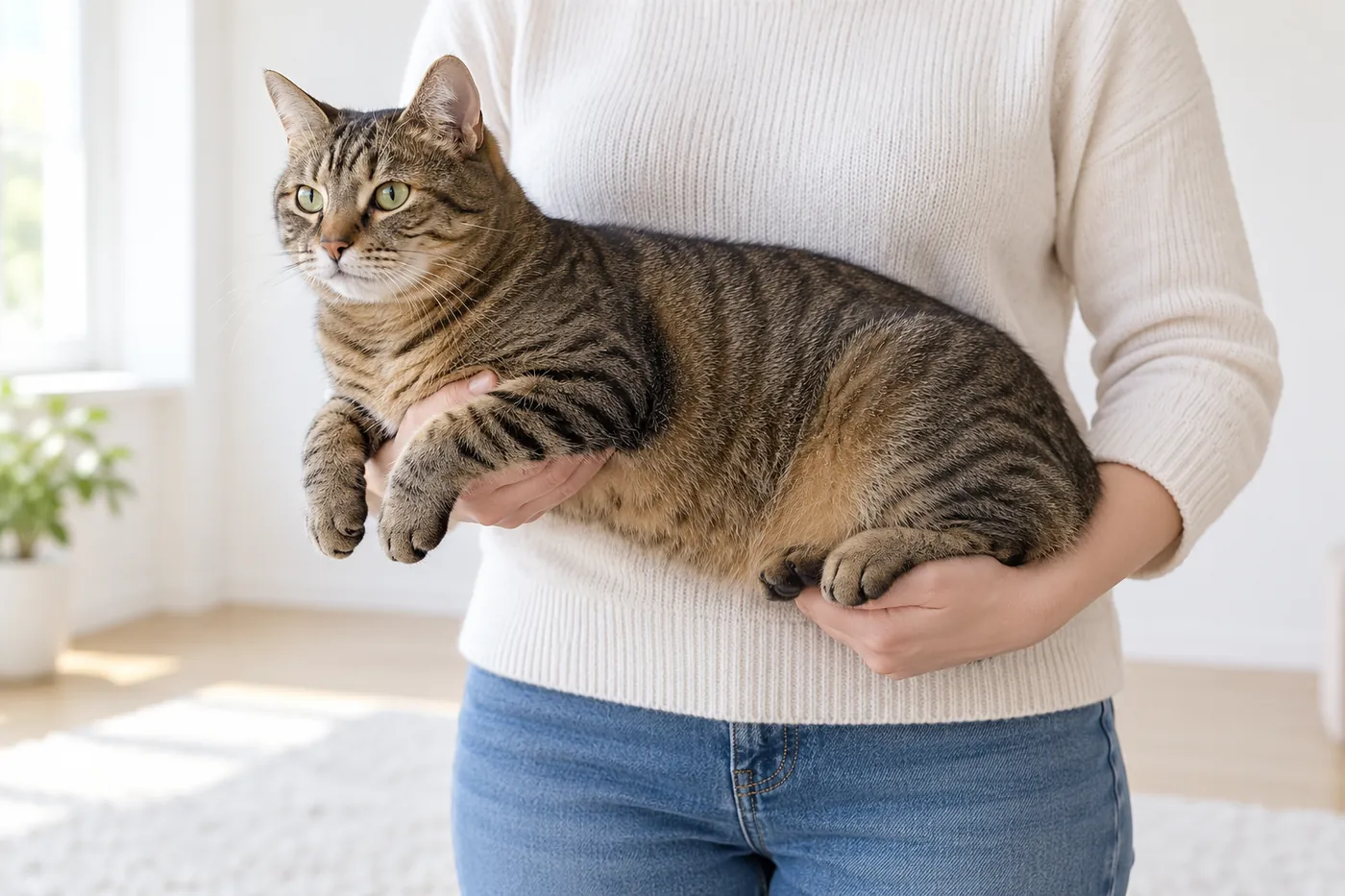 Two hands lifting a relaxed tabby cat, one under its chest and one supporting its hindquarters
