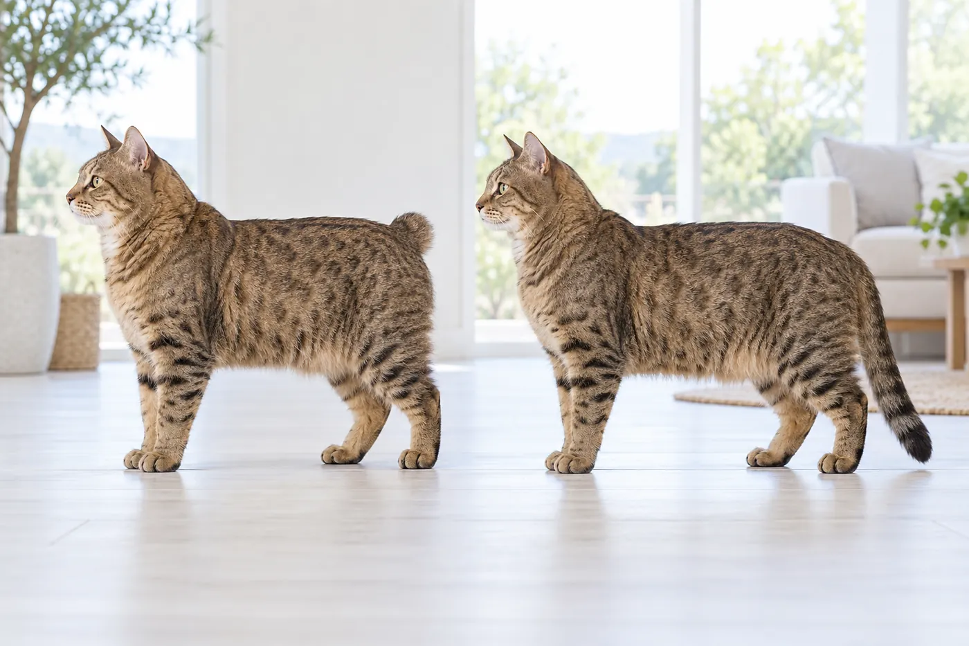 Two large spotted tabby cats in side profile, one with a short bobbed tail, one with a tail reaching the hock