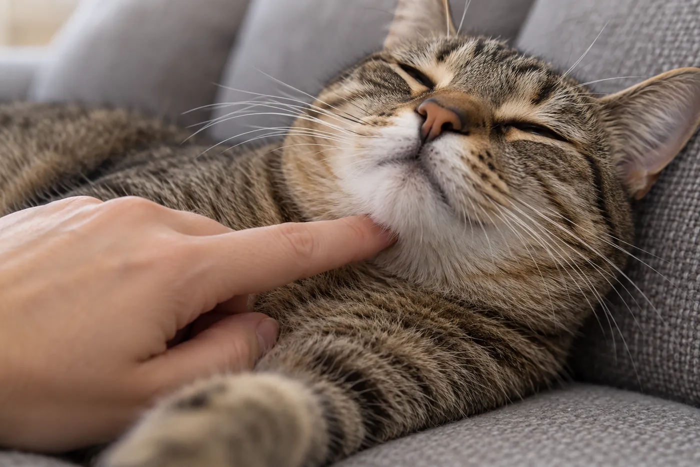 A fingertip resting lightly at the base of a relaxed tabby cat's throat, just above the chest
