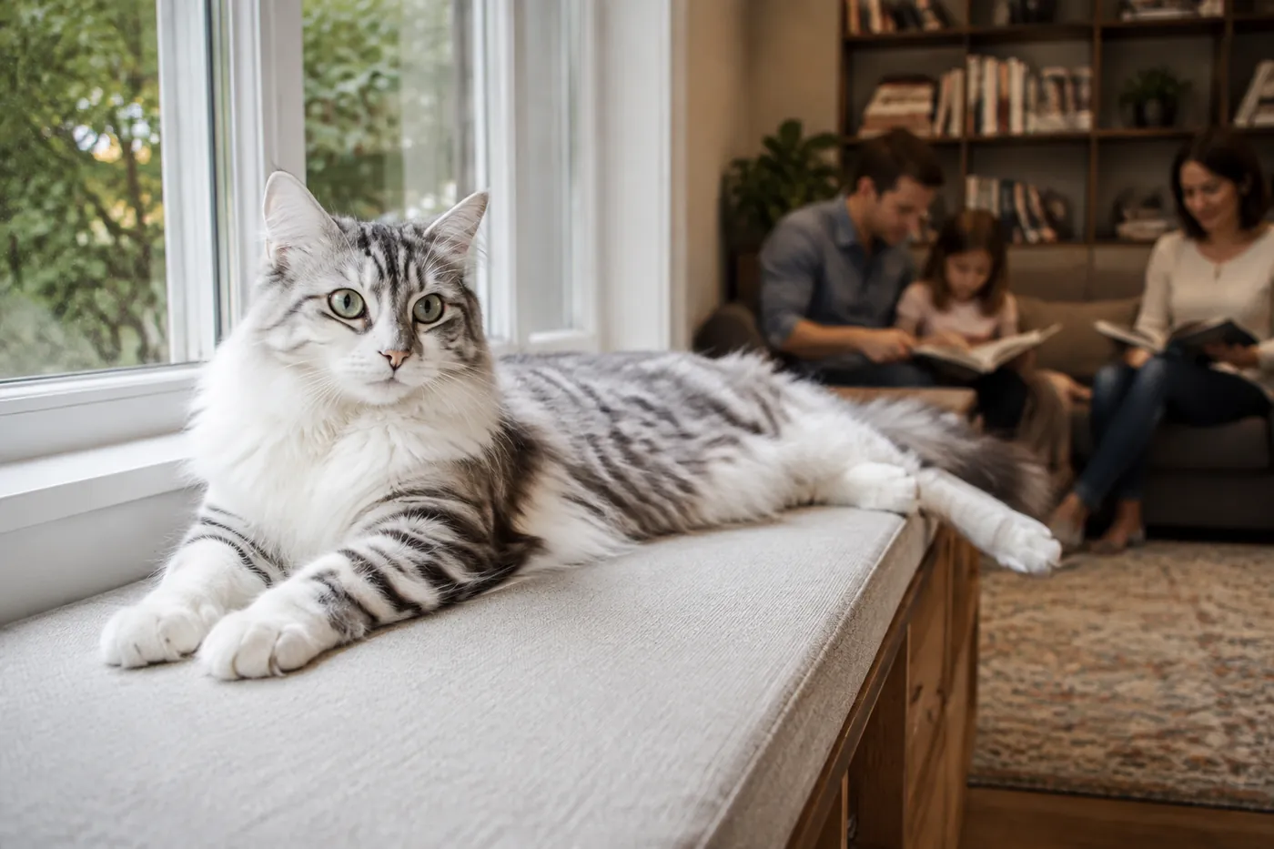 RagaMuffin resting on a broad low window seat near a family reading area