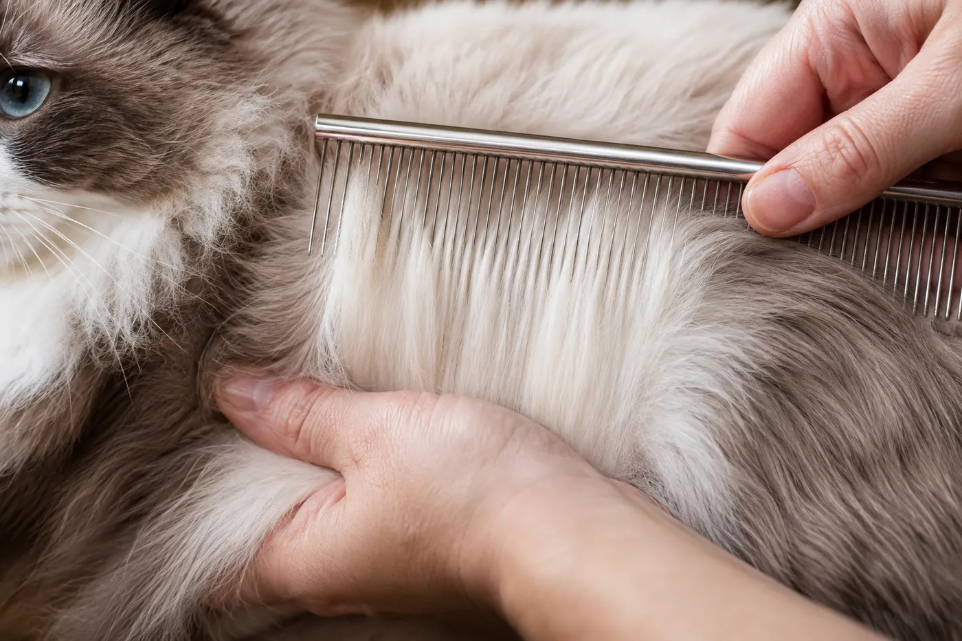 Wide metal comb passing through the silky flank coat of a healthy RagaMuffin