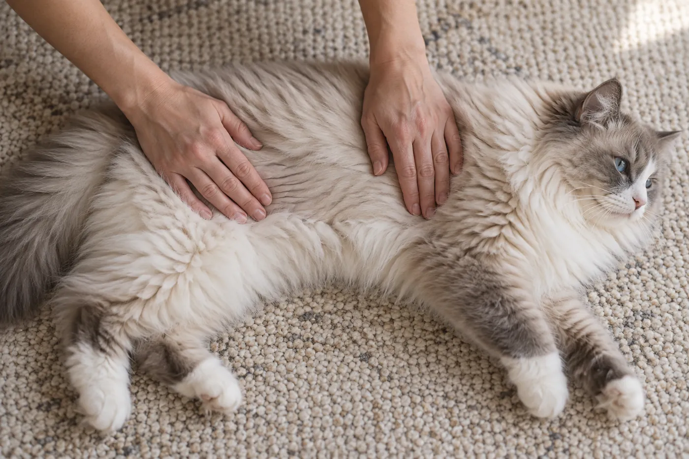 Two hands resting flat on the side of a relaxed semi-longhaired cat, pressing the plush coat down against its ribs