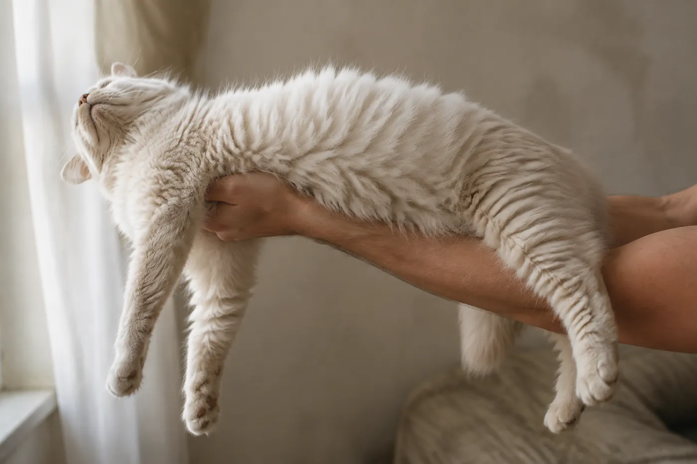 A large pale cat lying completely relaxed across a person's forearms