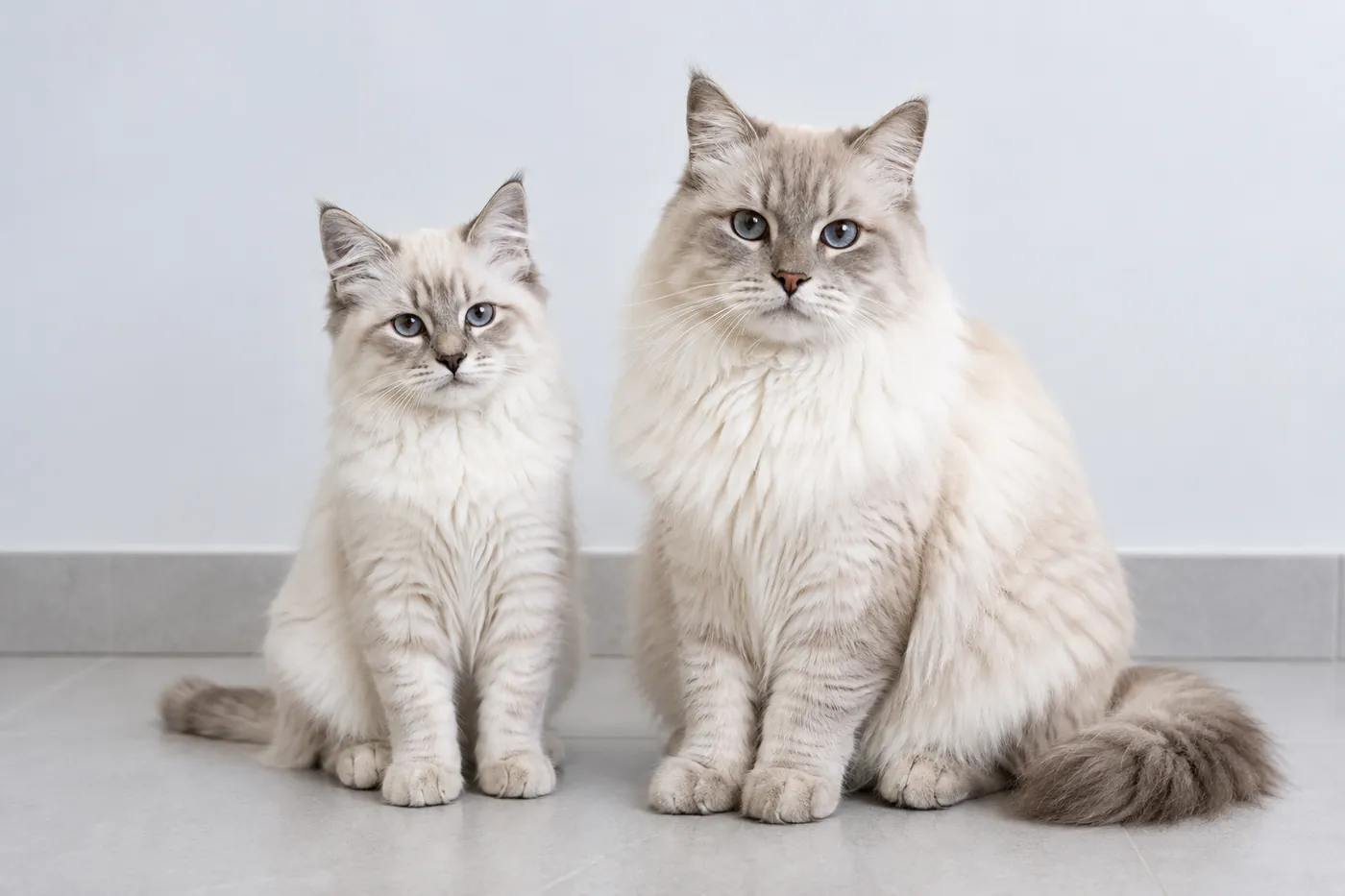 A young cat beside a full grown one of the same breed for scale