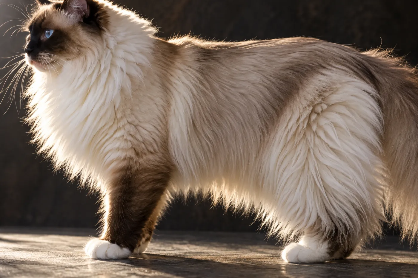 A Ragdoll standing side on with a full chest ruff, feathered trousers on the hind legs and a flat silky flank