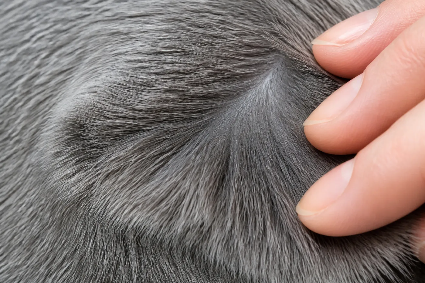 Close view of dense Russian Blue coat with silver-tipped guard hairs separated to reveal the plush double layer