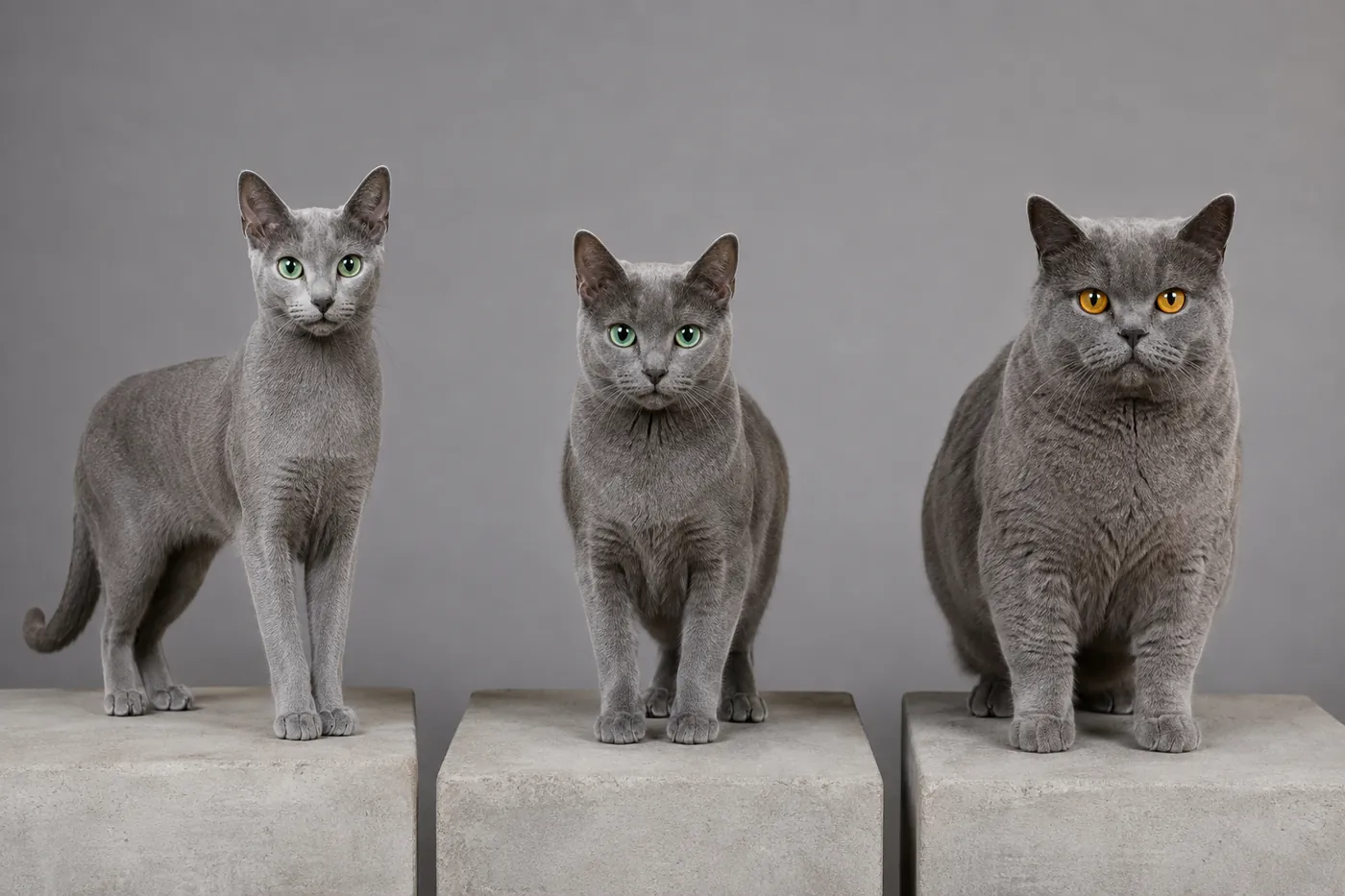 Russian Blue, Korat and Chartreux cats in an equal side-by-side comparison of body, head, coat and eye colour