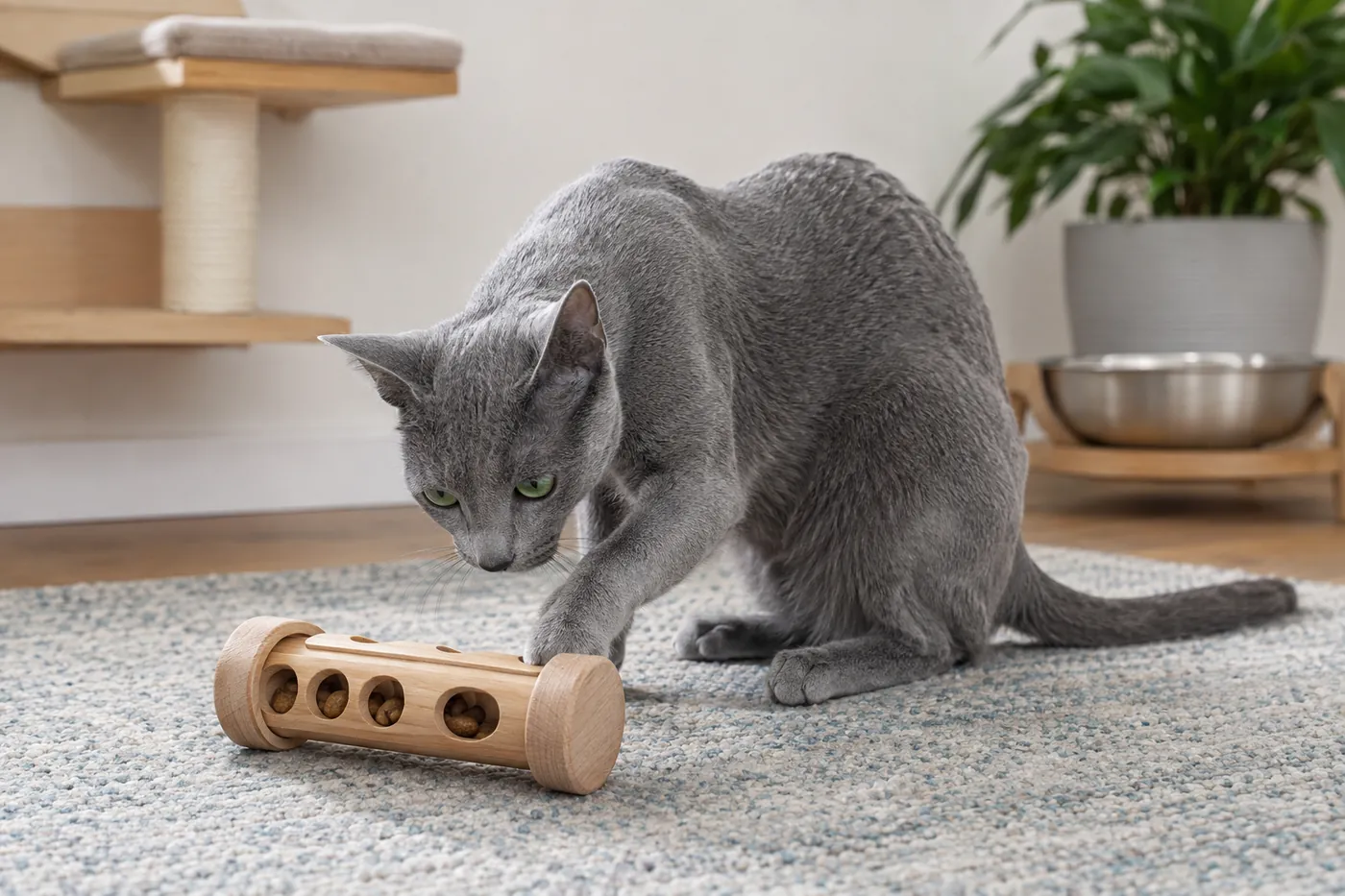 Russian Blue using a rolling food puzzle on a rug beside a low climbing route