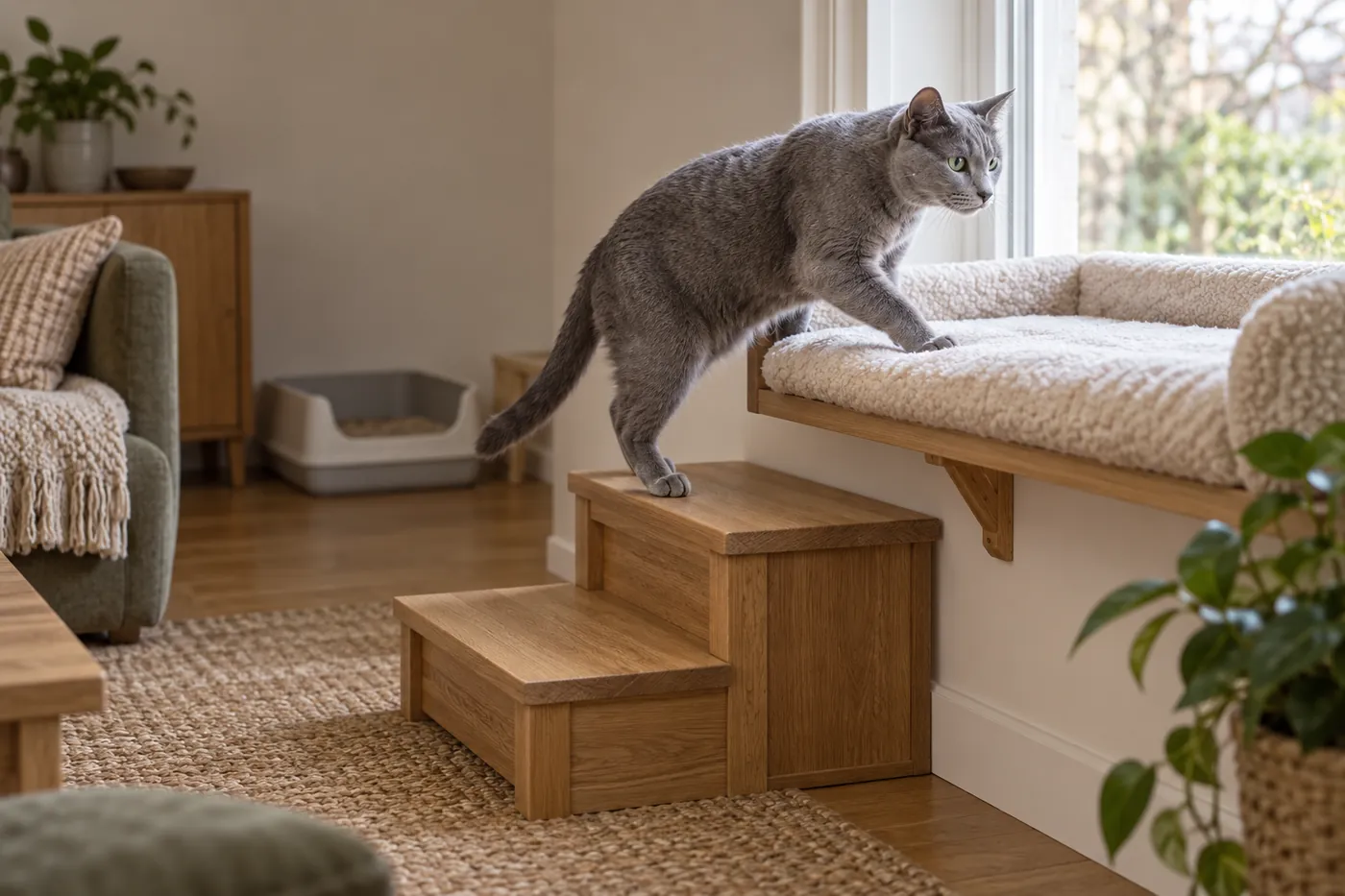 A blue-grey cat stepping from a halfway wooden step onto a broad padded window bed