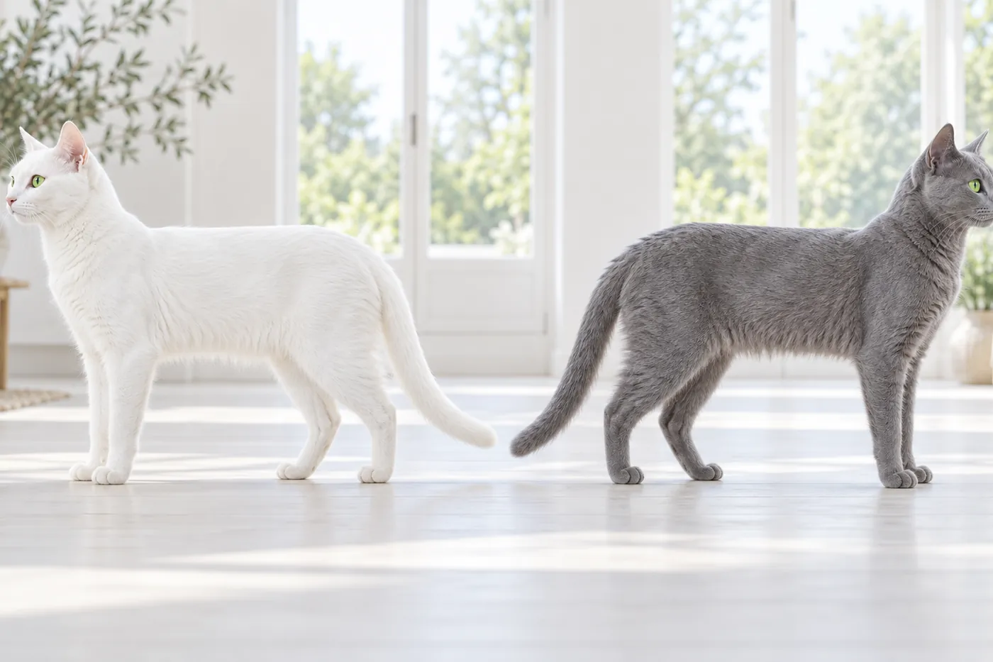 Two slender green-eyed cats in side profile with matching build and plush short coats, one white and one blue-grey