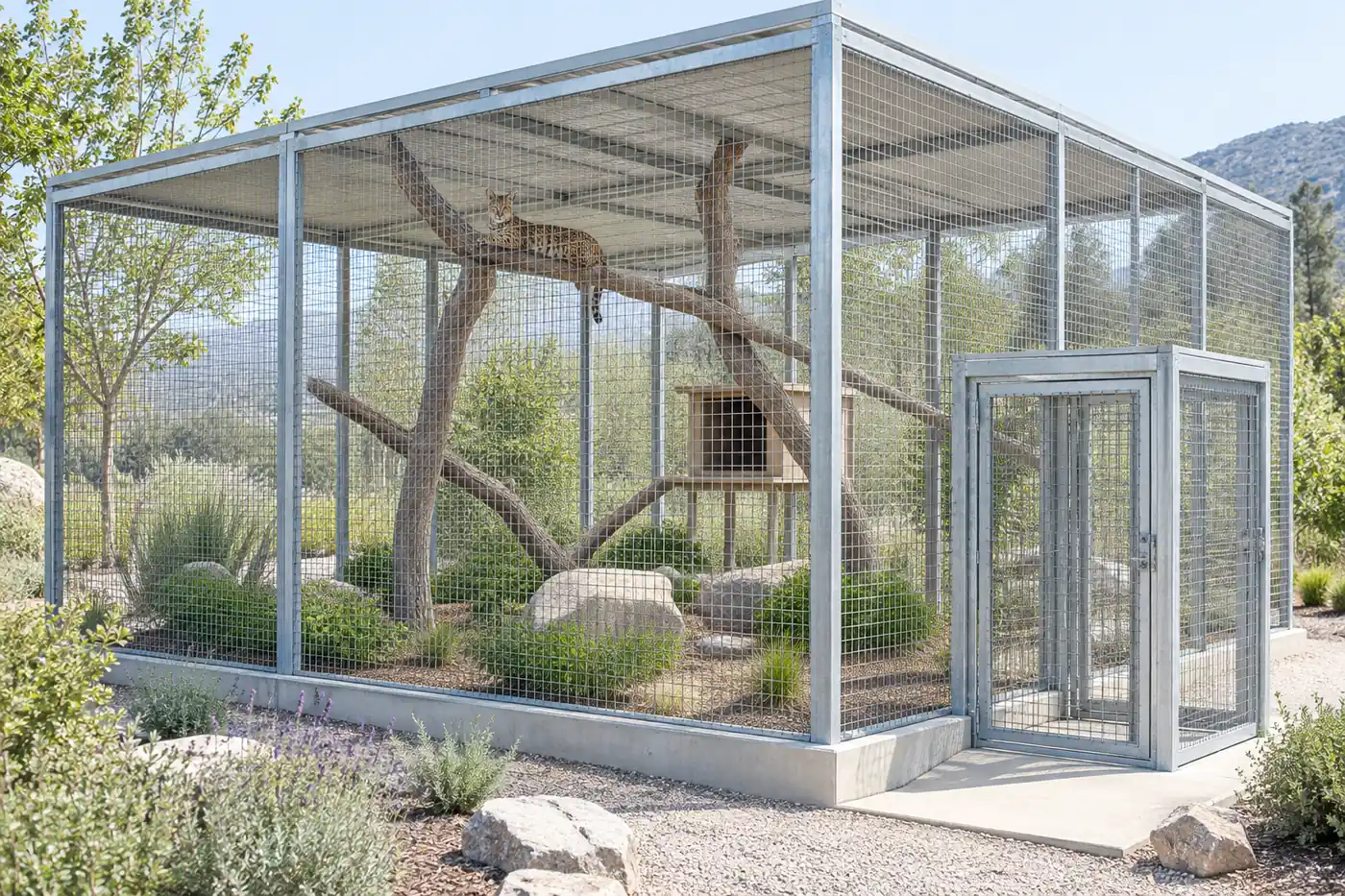 Large mesh cat enclosure with a solid roof, concrete base and double-door entry, a spotted cat resting on a branch inside