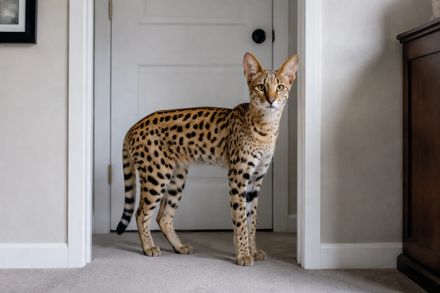 Adult Savannah cat standing beside a domestic doorway, showing long legs, tall ears and a spotted coat