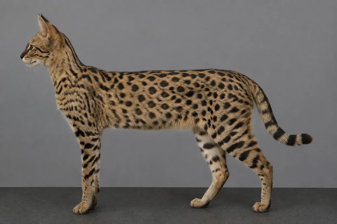 Savannah cat in side profile with long legs, small head, tall ears and clearly separated solid spots