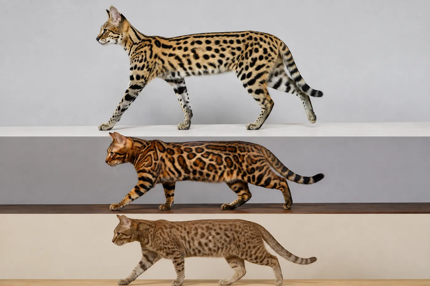 Savannah, Bengal and Ocicat cats shown in equal profile views for comparison of height, body and spot pattern