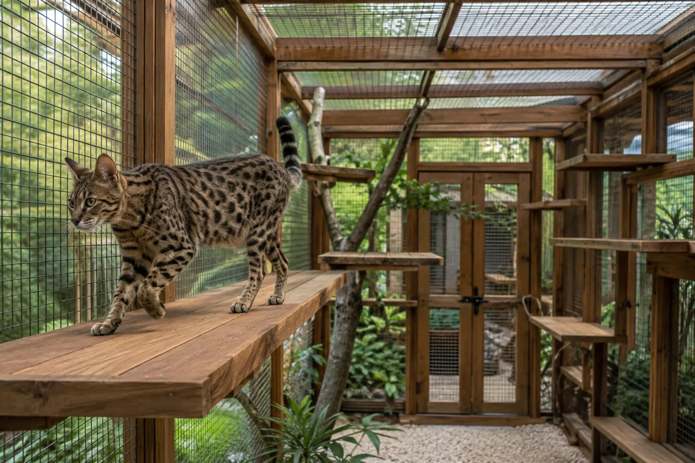 Savannah cat moving across broad secured wall shelves inside a roofed home enclosure