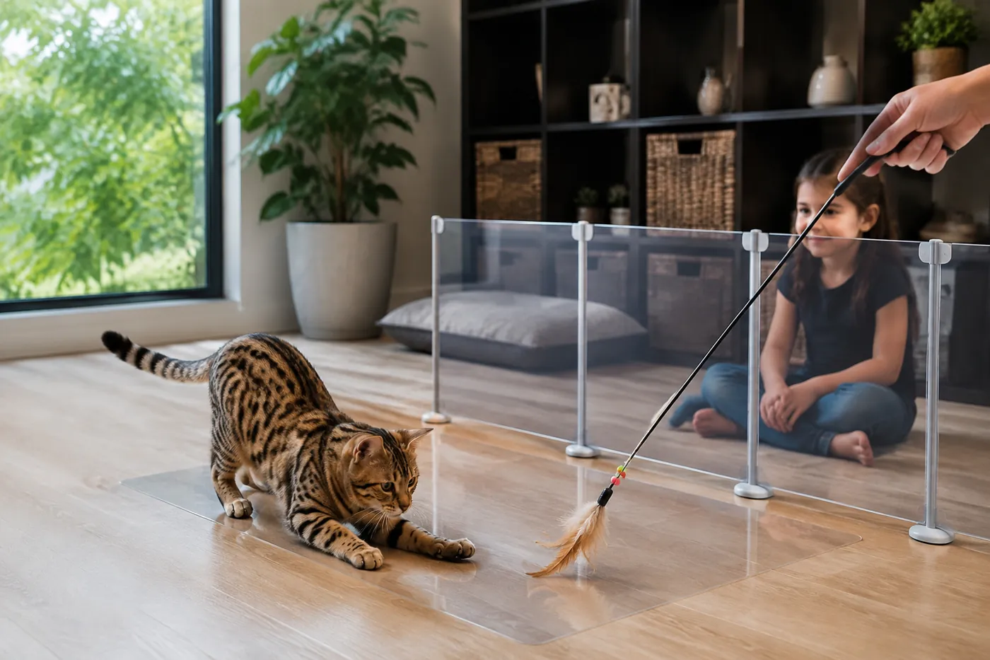 Savannah cat watching a wand toy from a floor mat while a child sits behind a low safety barrier