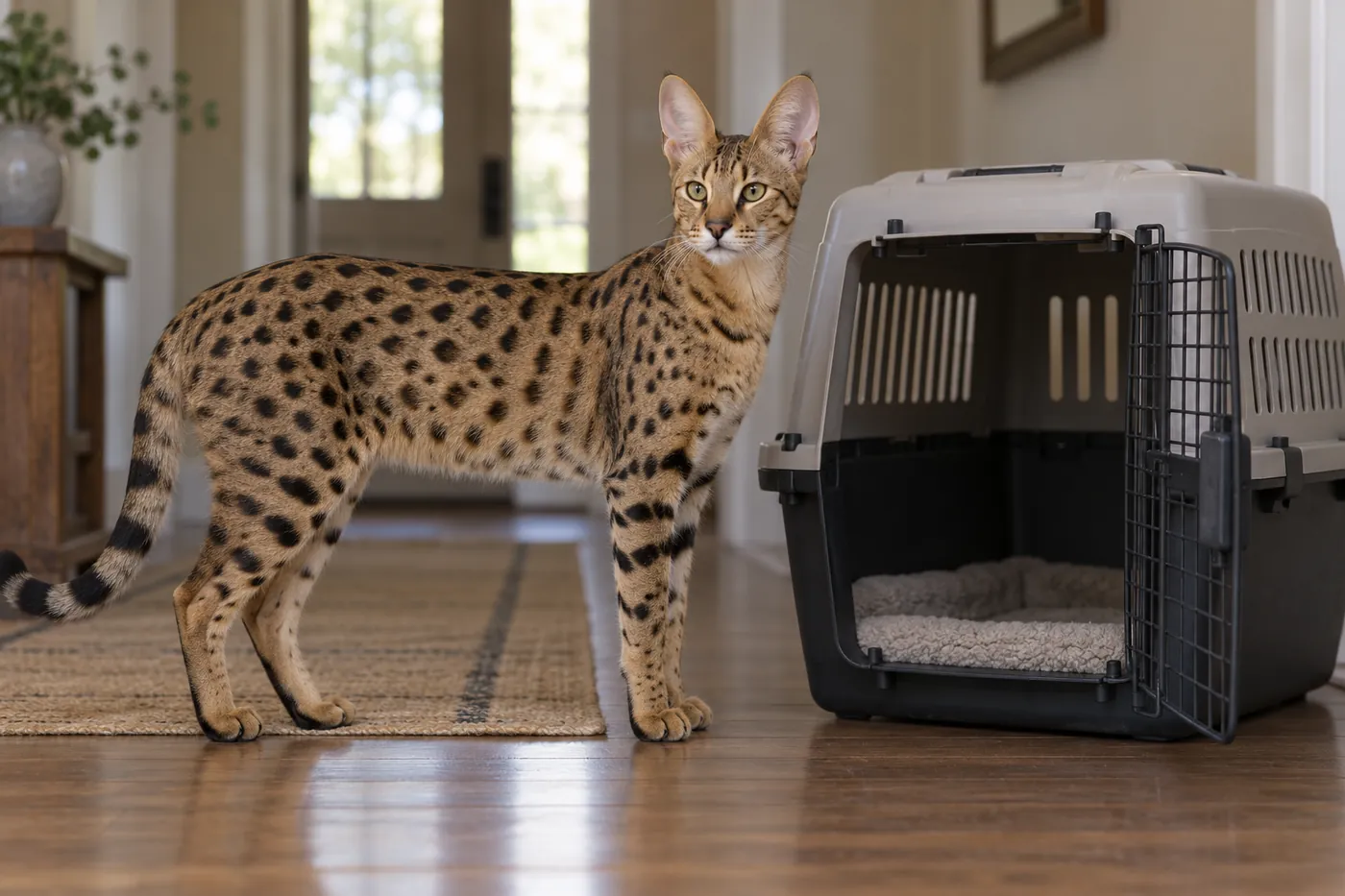 A tall spotted cat standing side-on beside the open door of a large rigid carrier, shown at the same scale