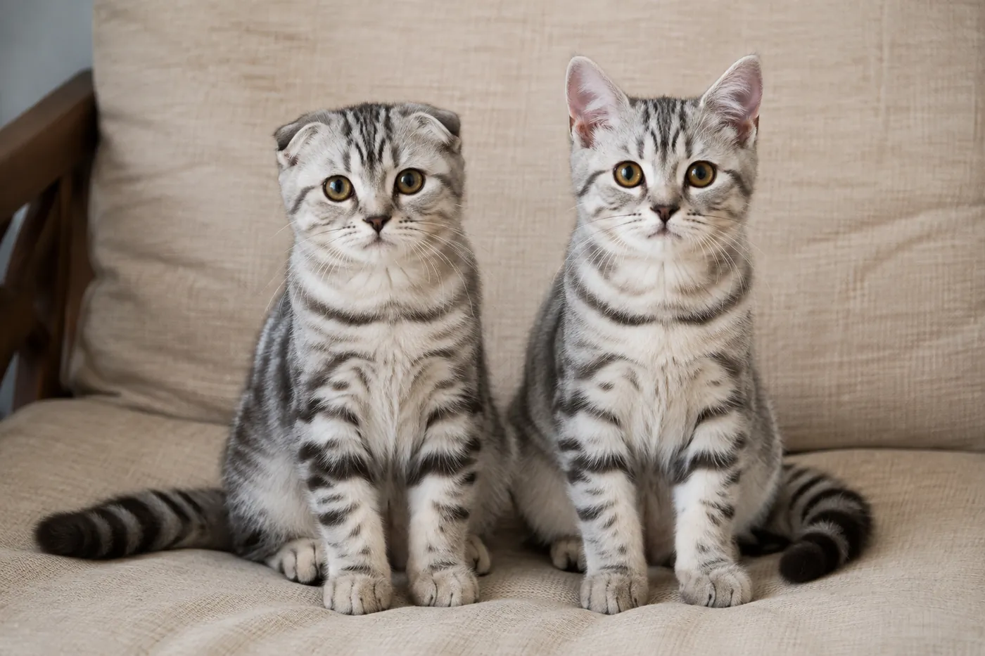 Fold-eared and straight-eared littermates sitting together, showing the visible ear difference without posed discomfort