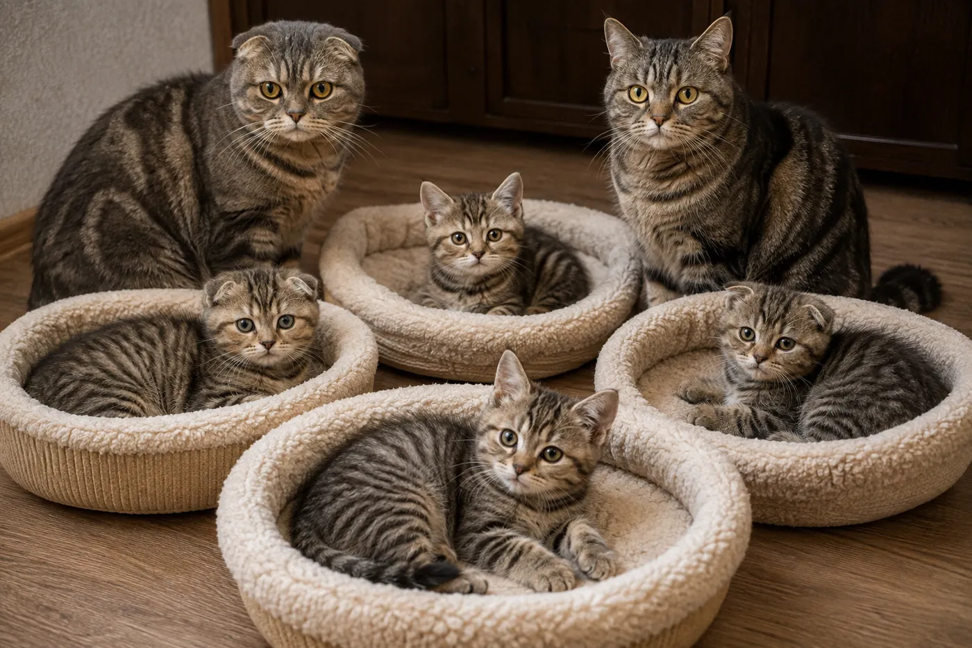 Simple four-kitten pedigree scene with one fold-eared parent, one straight-eared parent and mixed ear outcomes