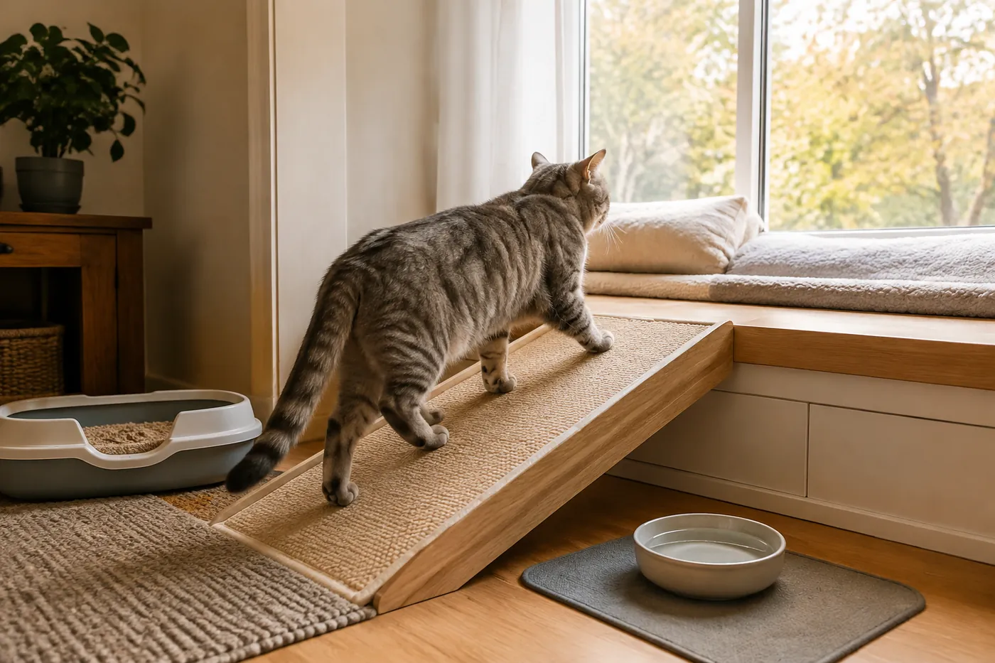 Straight-eared Scottish-type cat using a low ramp to reach a broad warm window bed
