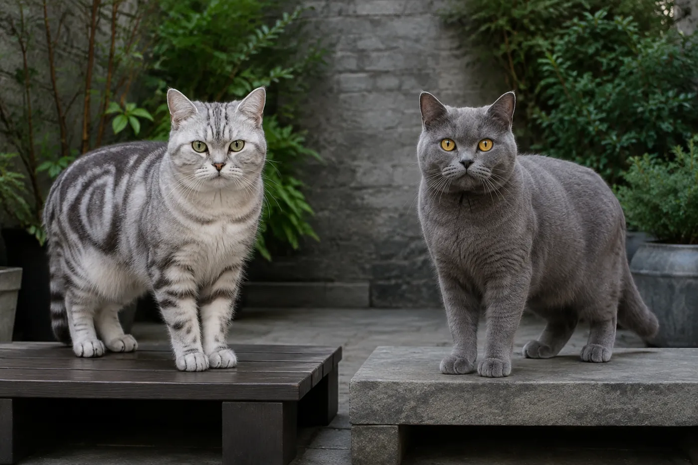 Healthy straight-eared Scottish-type cat standing naturally beside a British Shorthair for comparison