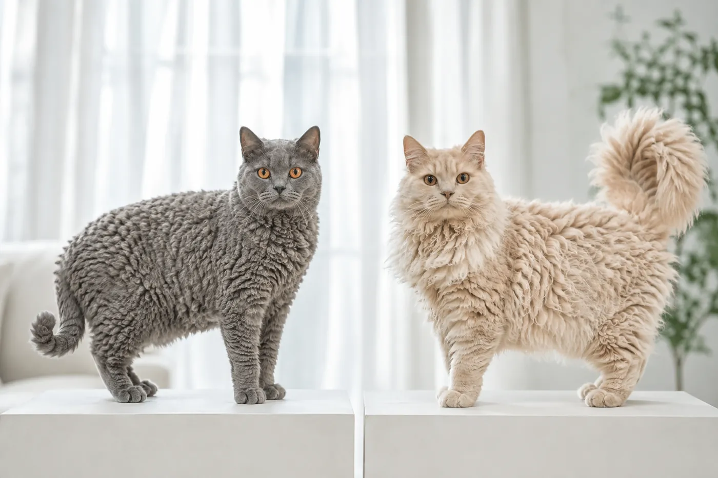 Shorthair and longhair Selkirk Rex cats shown side by side with equal body scale