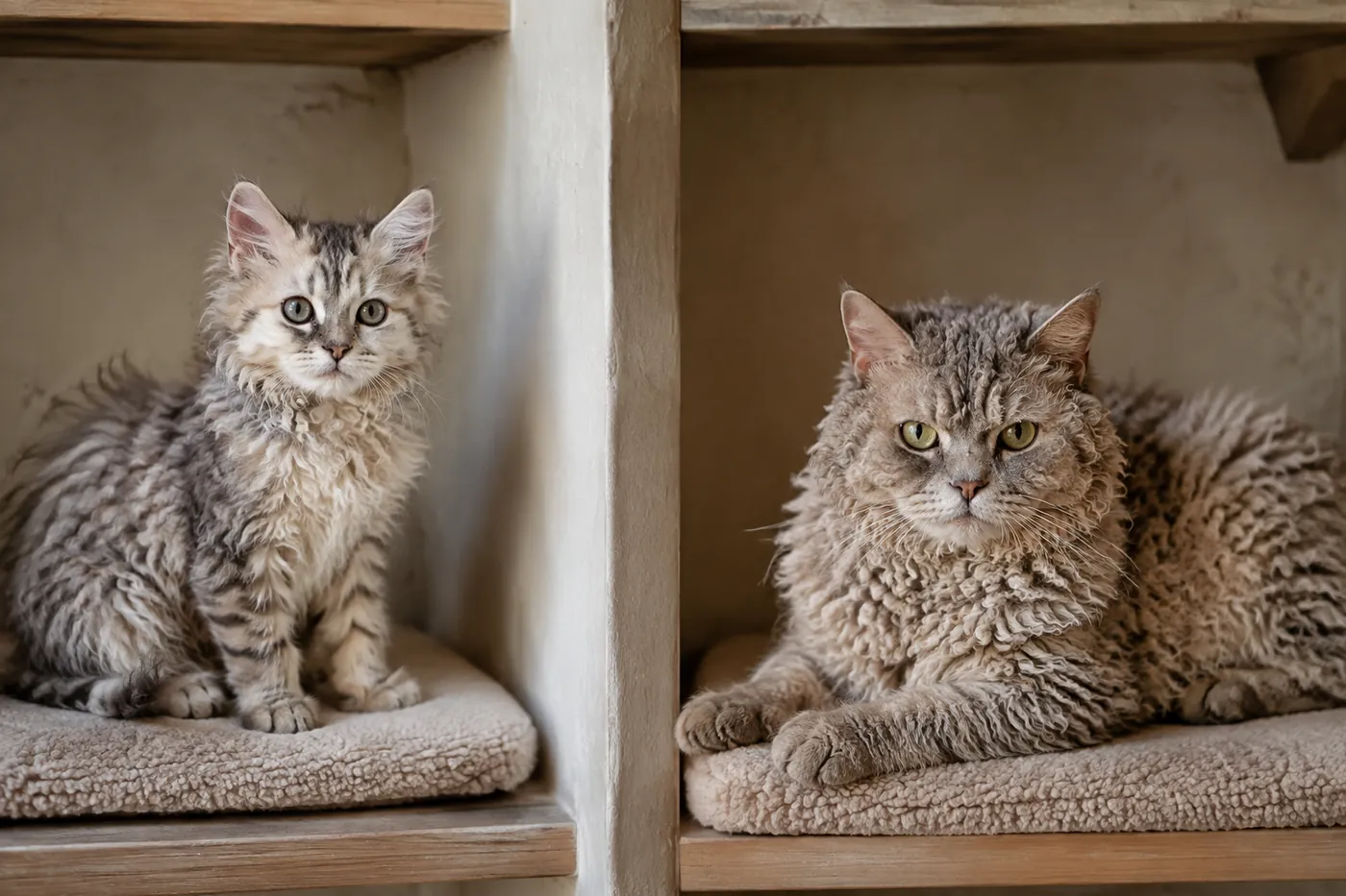 Selkirk Rex kitten and mature adult shown in adjacent scenes with changing curl development