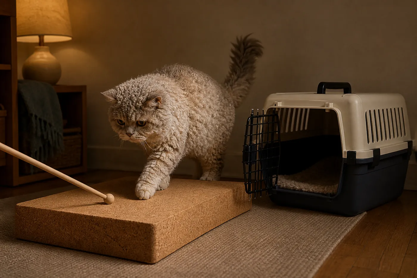 Selkirk Rex following a target stick onto a broad low platform beside an open carrier