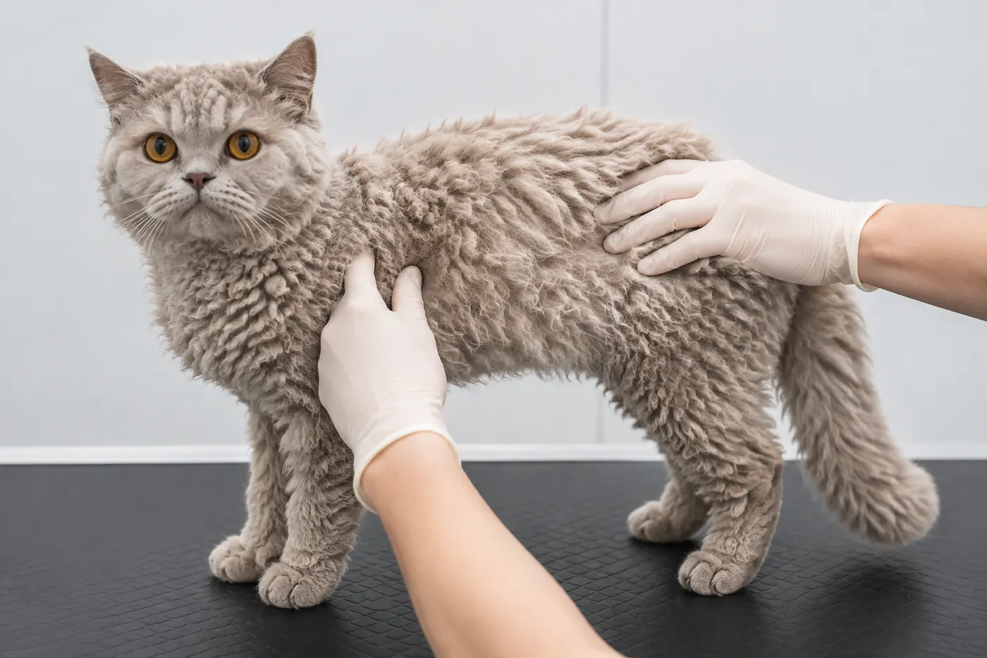 Hands checking the ribs and waist of a standing Selkirk Rex beneath a dense curled coat