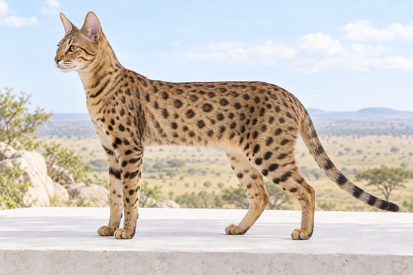 Tall spotted gold cat standing in side profile on long straight legs, with large rounded ears and a long tapering tail