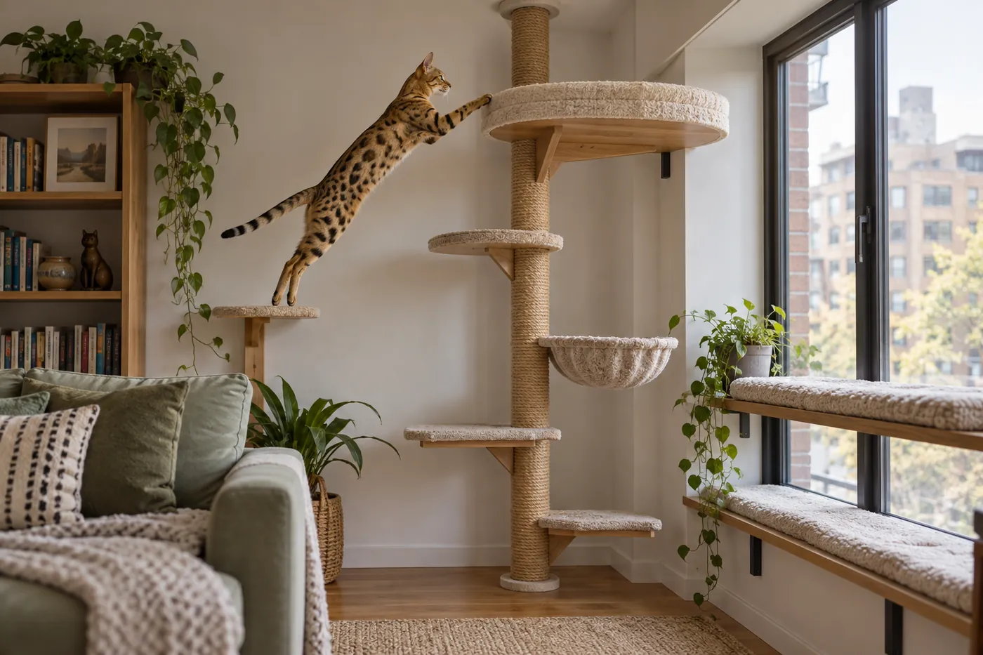 Tall spotted gold cat leaping between broad platforms of a wall-fixed floor-to-ceiling climbing post in a small living room