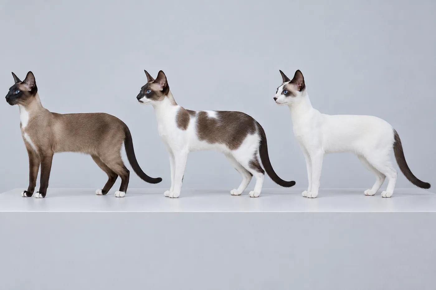 Three slender blue-eyed pointed cats with increasing white: white paws and chest, large white body patches, and mostly white