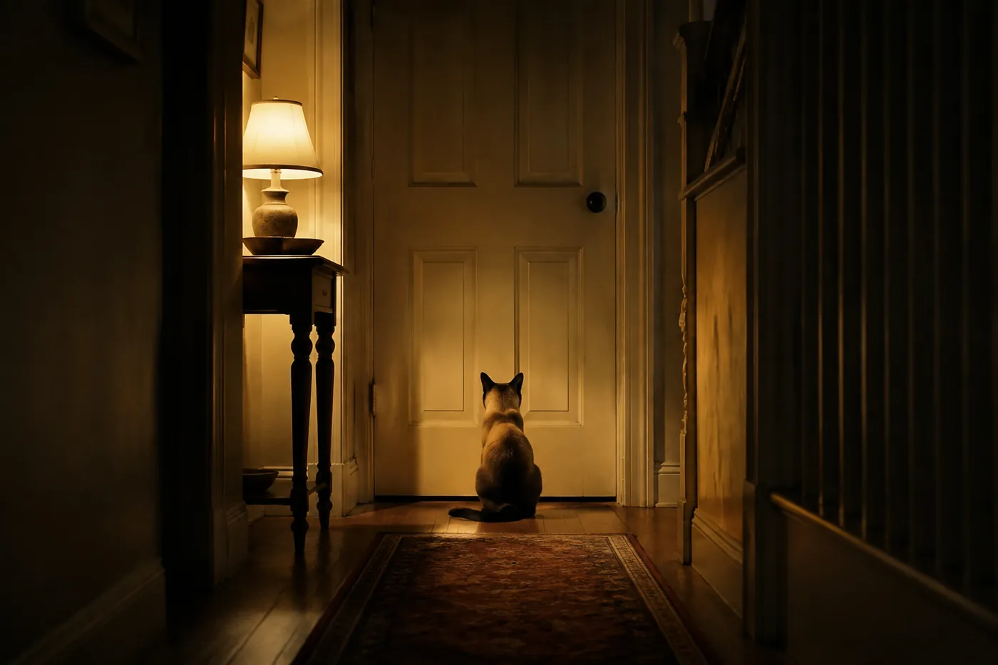 A single cat sitting alone by a front door in a dim hallway