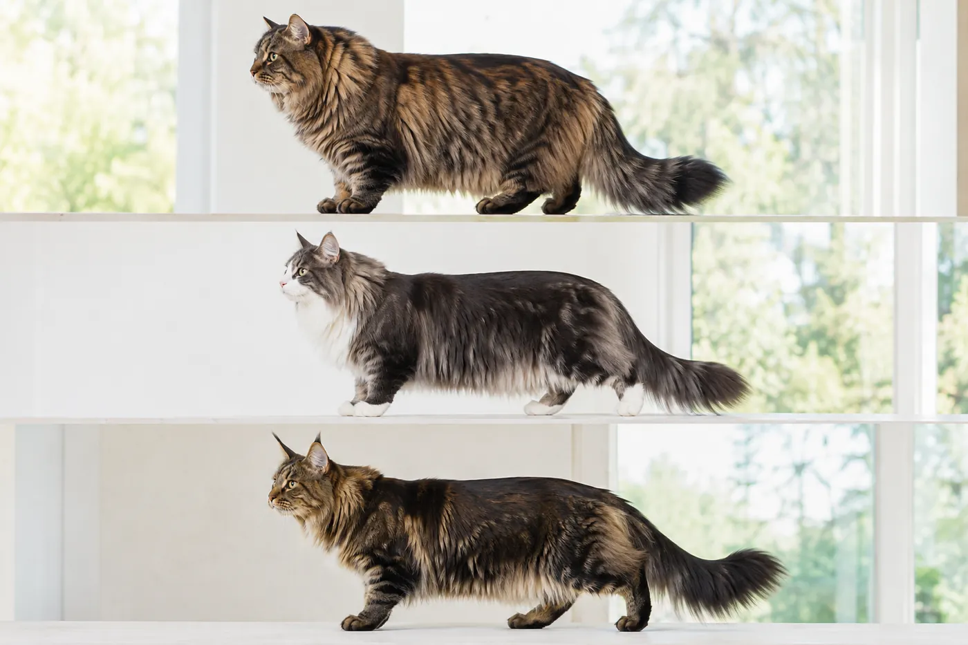 Siberian, Norwegian Forest Cat and Maine Coon shown at equal scale for head and body comparison
