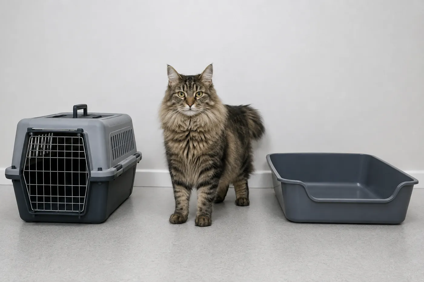 Adult Siberian standing beside a rigid large carrier and broad litter tray for scale