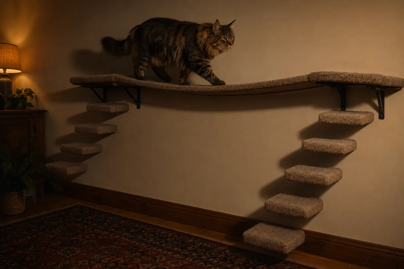 Siberian cat crossing broad staggered wall platforms with two secure routes down