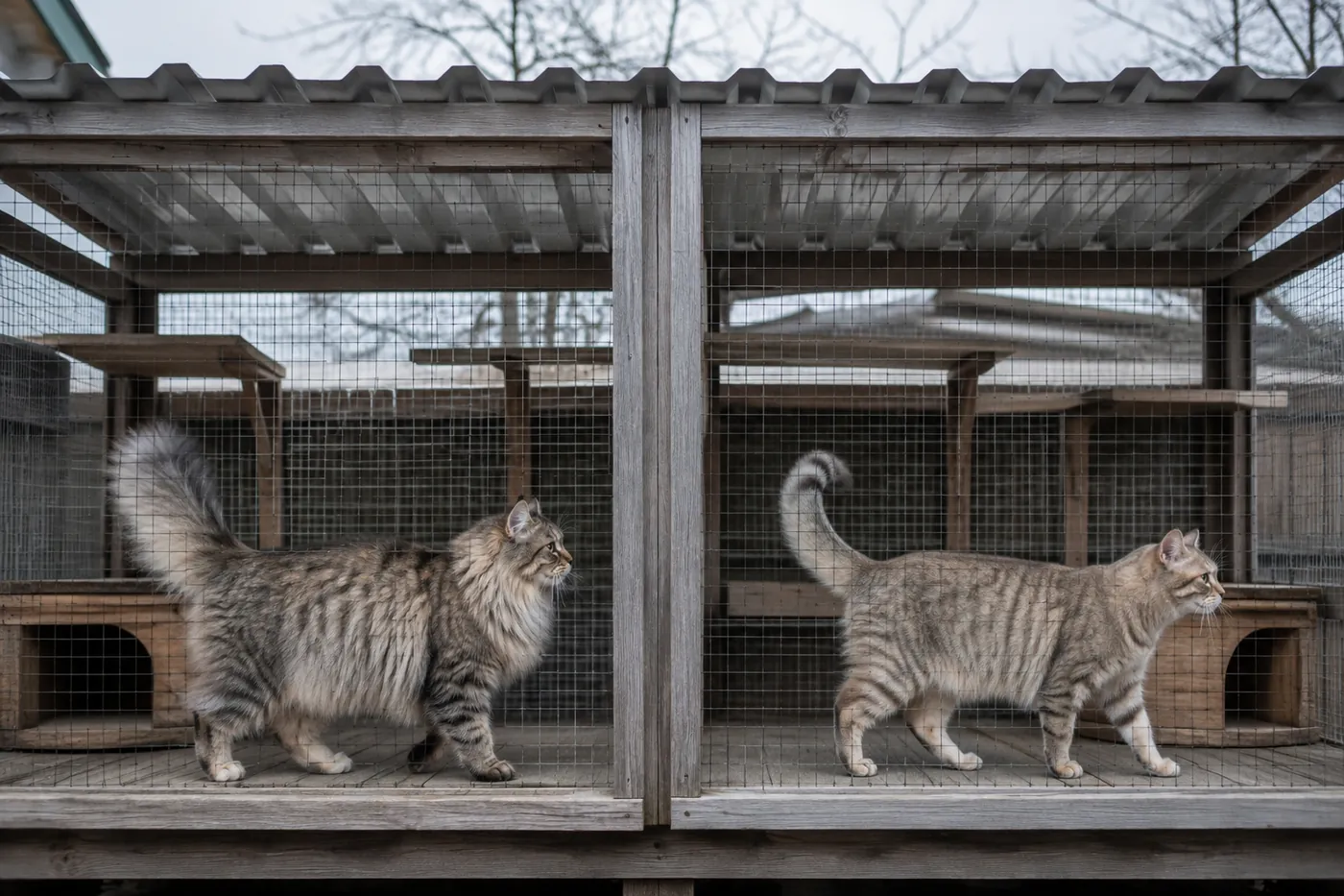 Same-type Siberian cats in full winter coat and lighter summer coat in adjacent seasonal settings