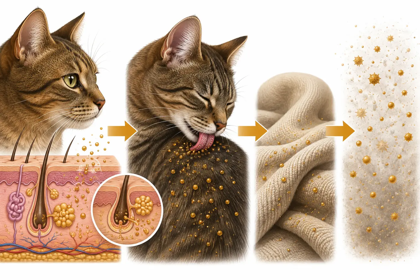 Raster diagram showing cat allergen moving from saliva and skin glands to fur, bedding and airborne household dust