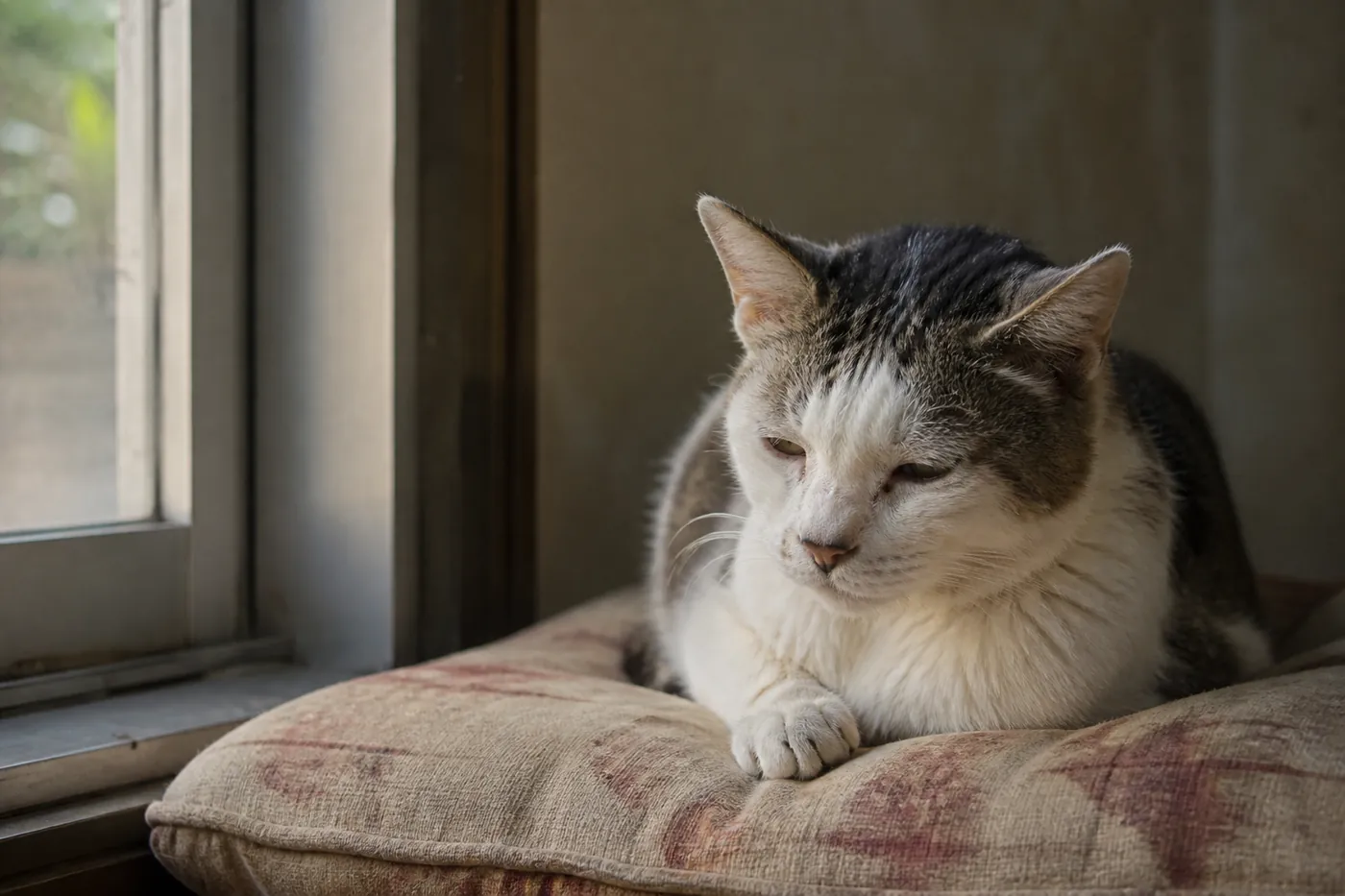 An older cat resting on a cushion in low afternoon light