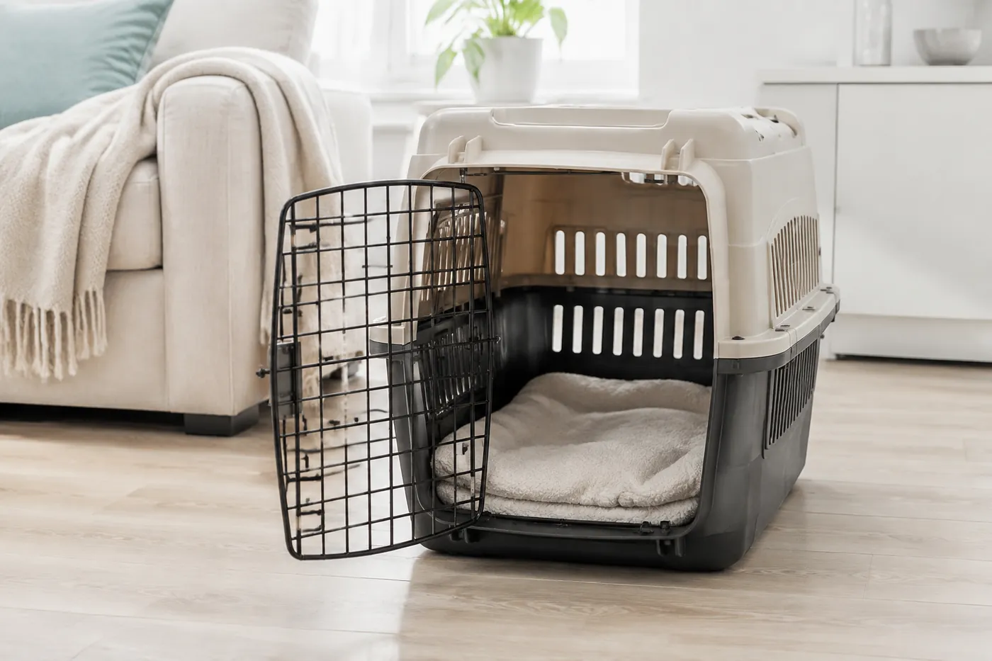 A cat carrier left open in a living room with bedding inside