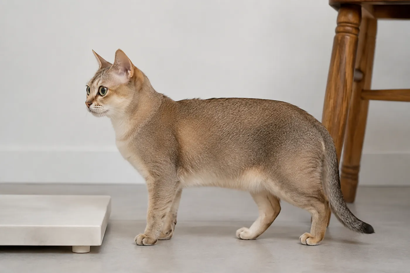 Adult Singapura standing beside a standard dining chair leg and measured low platform for scale
